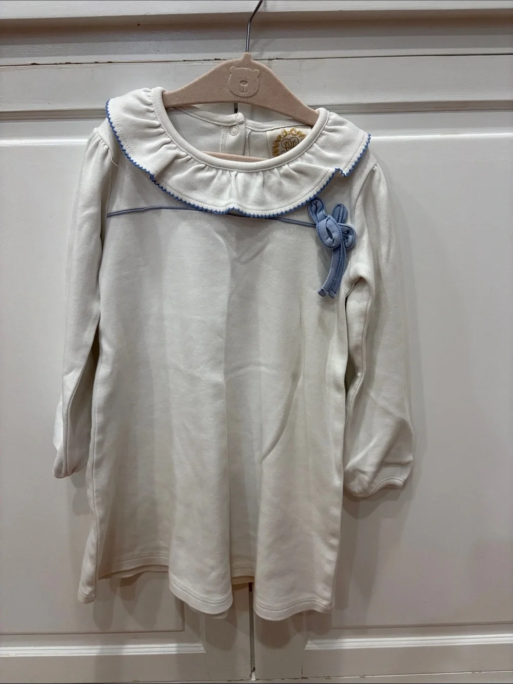 The Beaufort Bonnet Company Cream Long-Sleeve Dress with Blue Trim